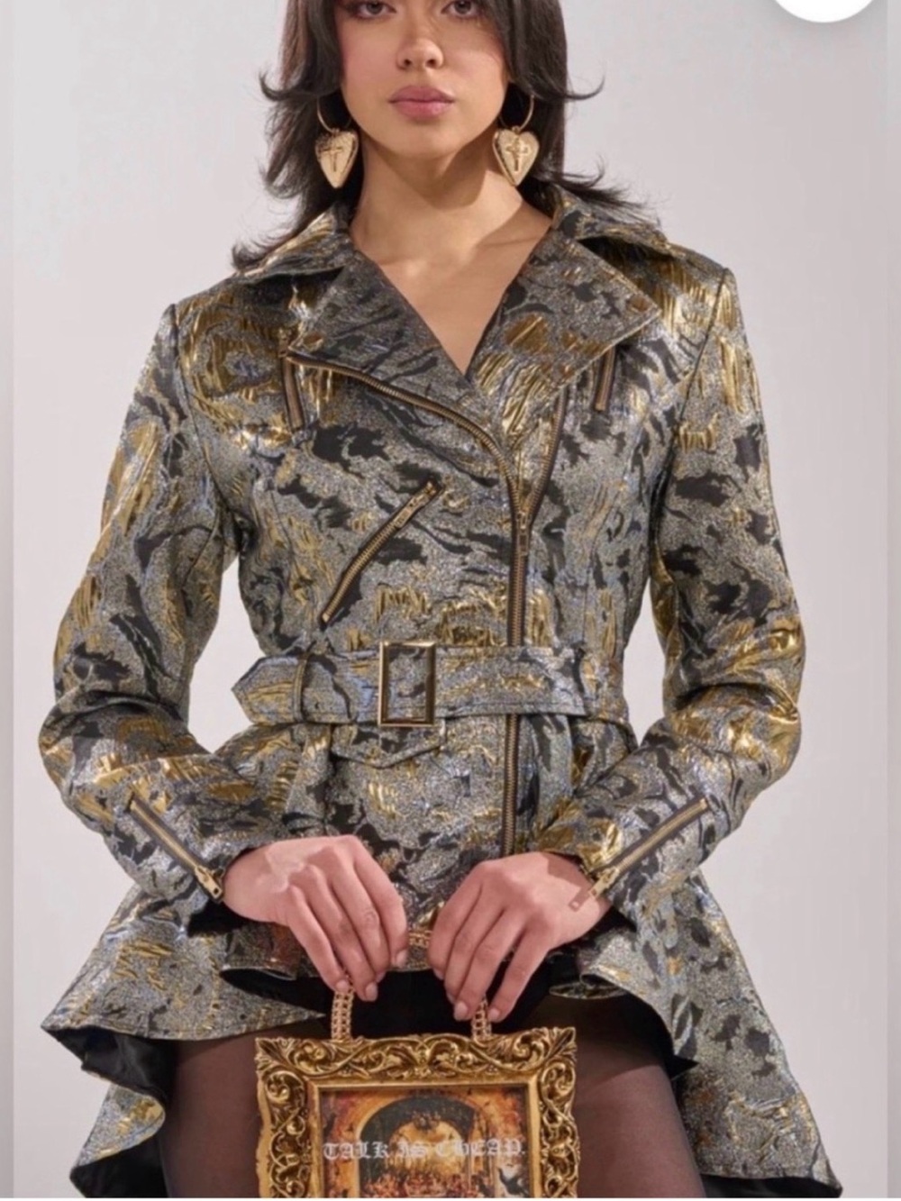 AKIRA Gold and Black Floral Brocade Belted Peplum Jacket - Picture 4 of 6
